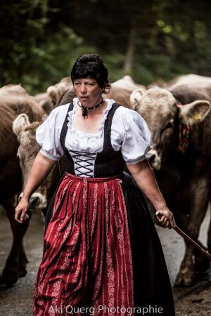 Kuh Bilder Viehscheid Gunzesried Ausstellung, Exponat Hirtin mit Kühen